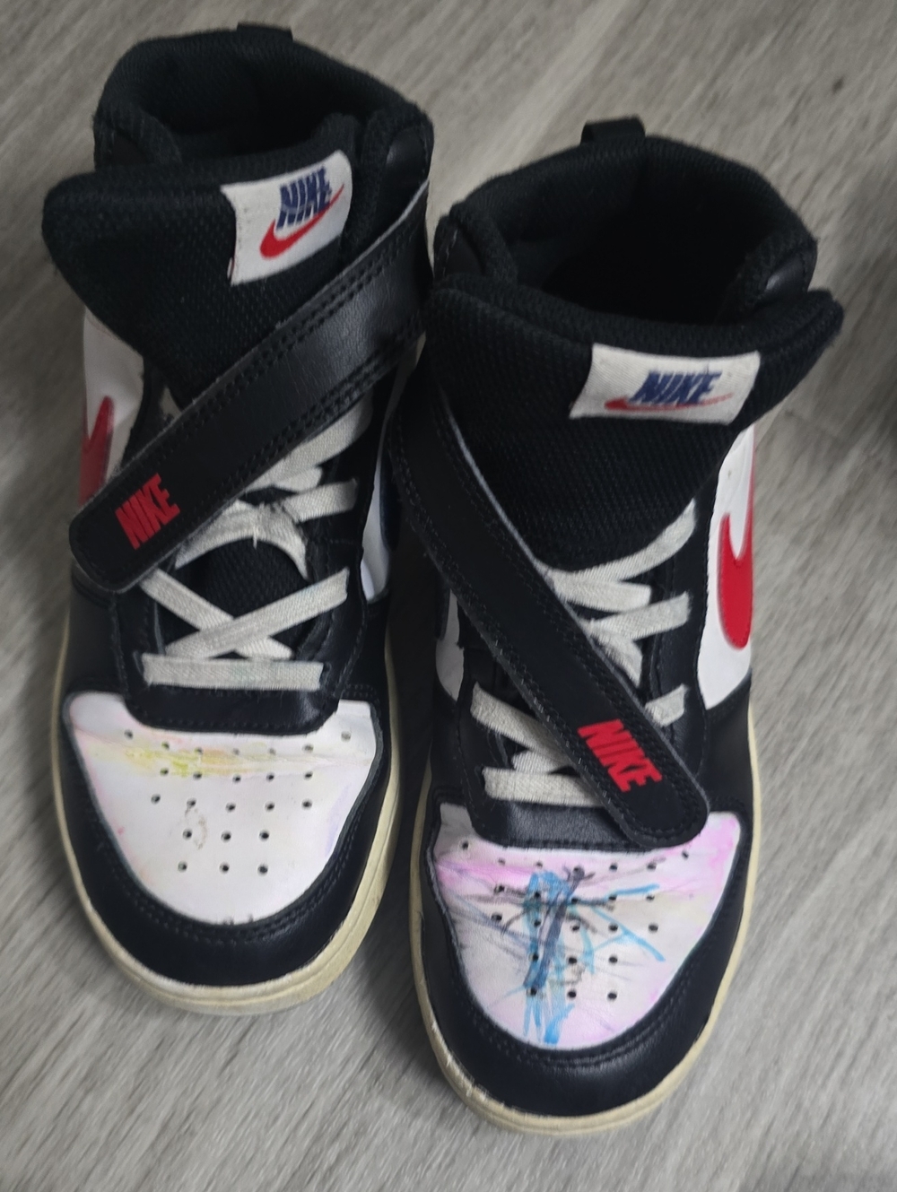 Nike Kids Black, White and Red High-Top Sneakers with Painted Accents